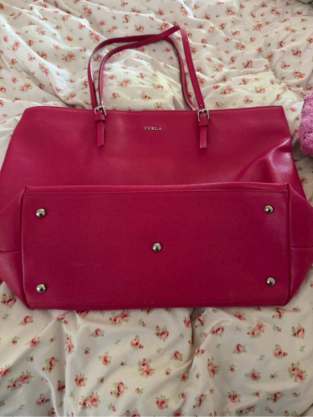 Furla Bright Pink Leather Tote with Front Studded Pocket